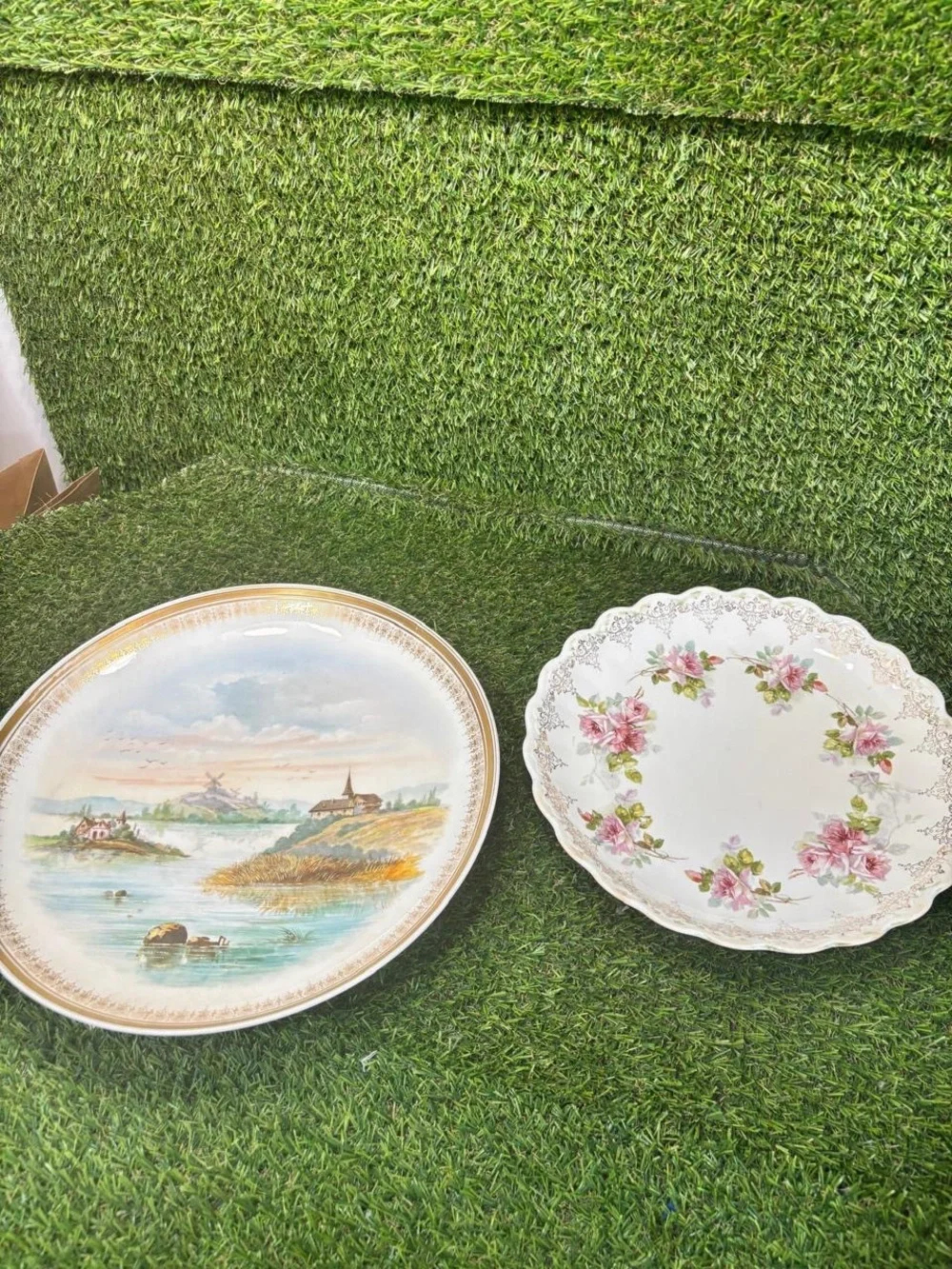 Vintage Crescent China Serving Lot Scenic Platter Floral Bowl Marble Tray 3 Pc